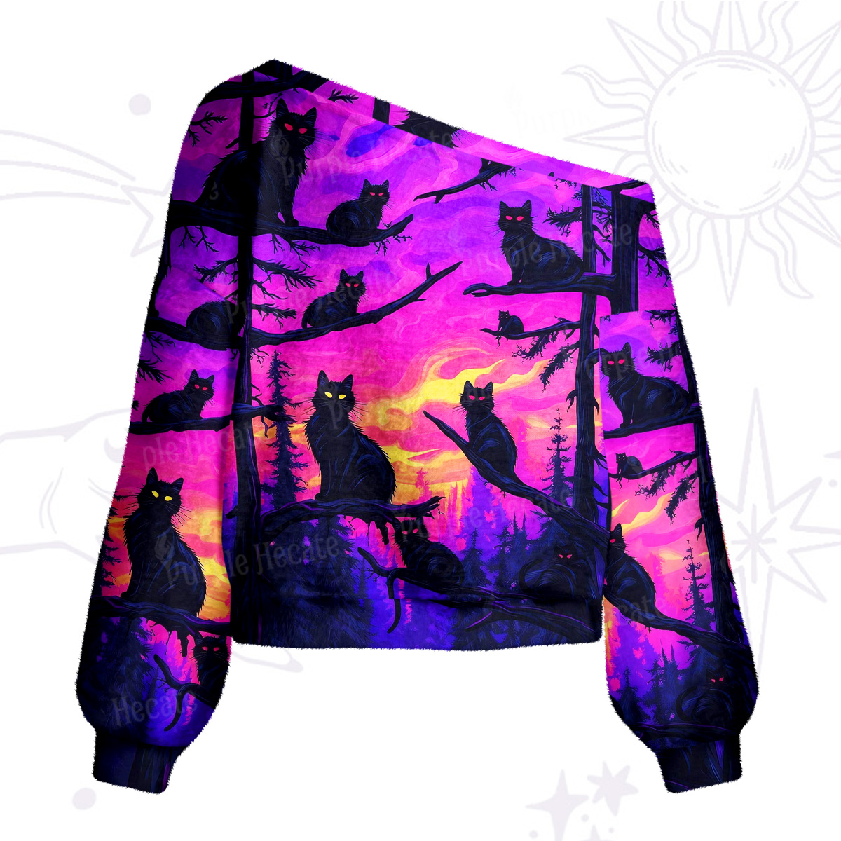Purplehecate Midnight Cosmic Cat Fantasy One Shoulder Sweaters