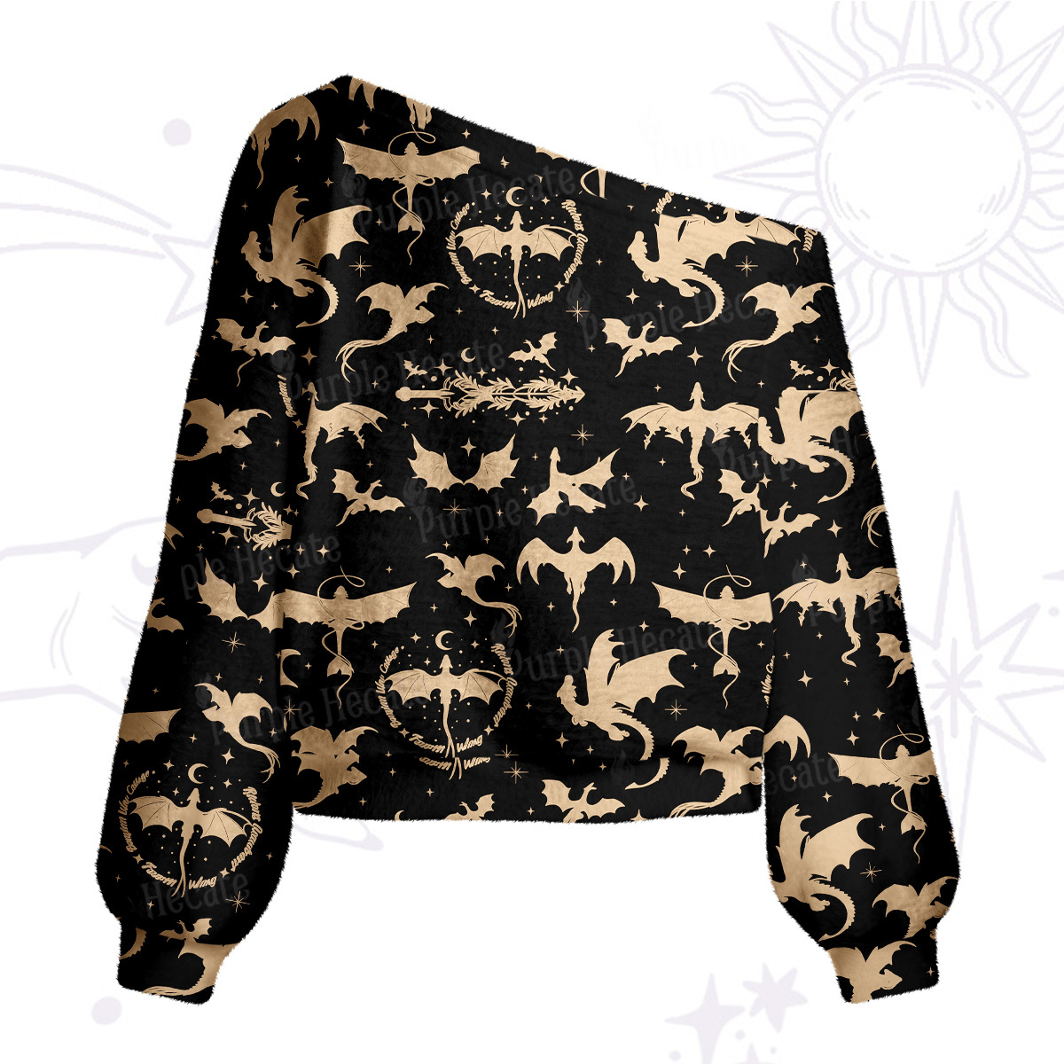 Purplehecate Fantasy Dragon Allover One Shoulder Sweaters
