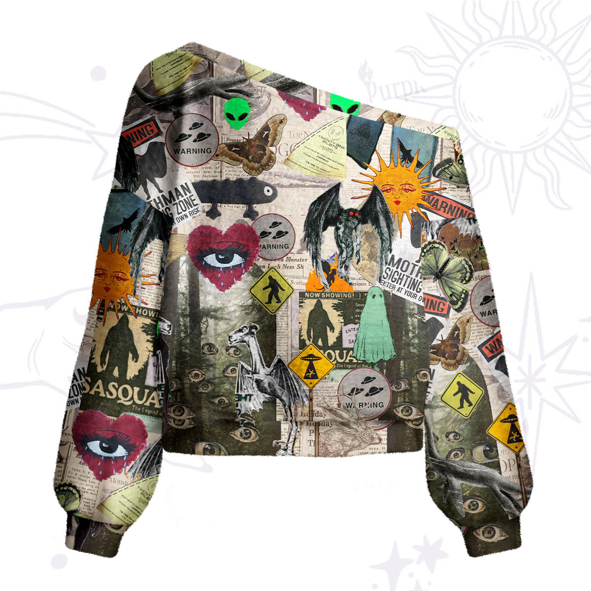 Purplehecate Cryptid Warning Collage One Shoulder Sweaters