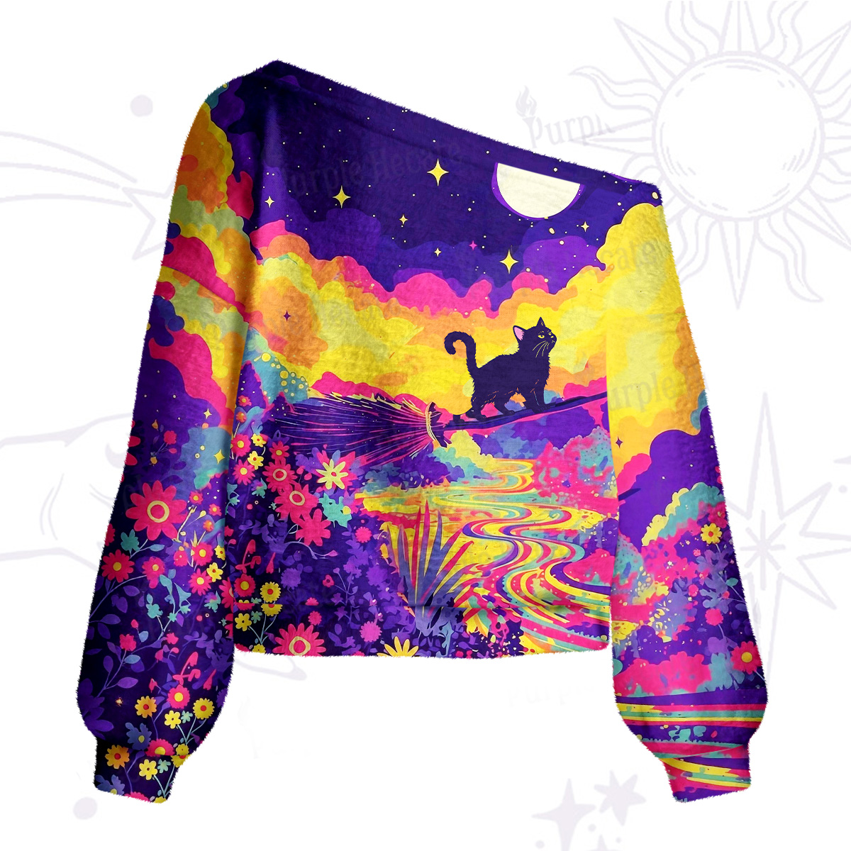 Purplehecate Midnight Cosmic Cat Fantasy One Shoulder Sweaters
