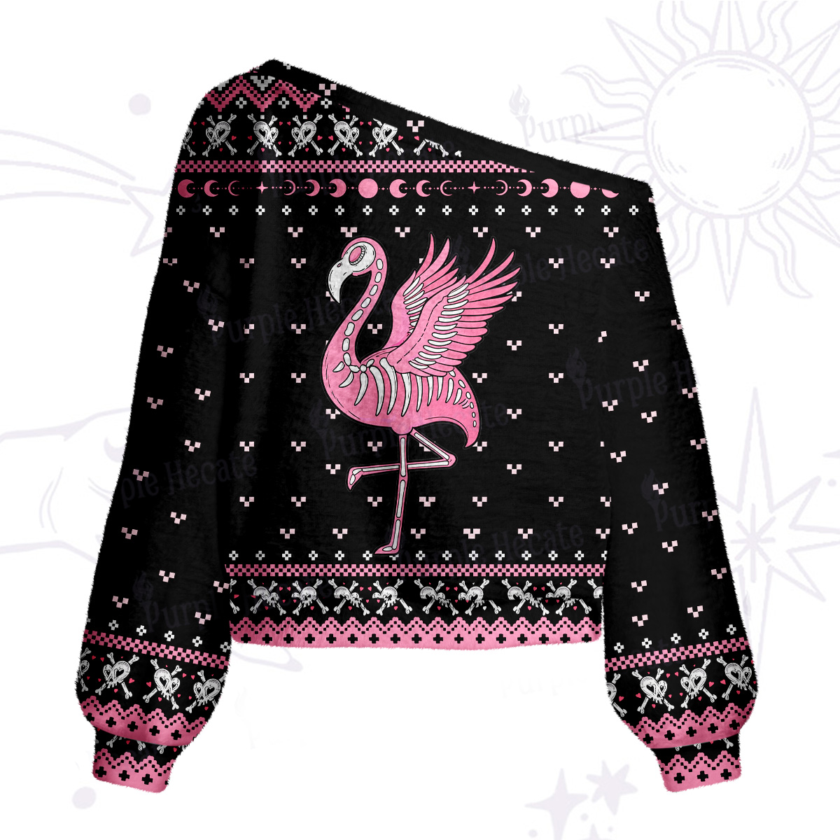 Purplehecate Witchy Pink Flamingo Skull One Shoulder Sweaters