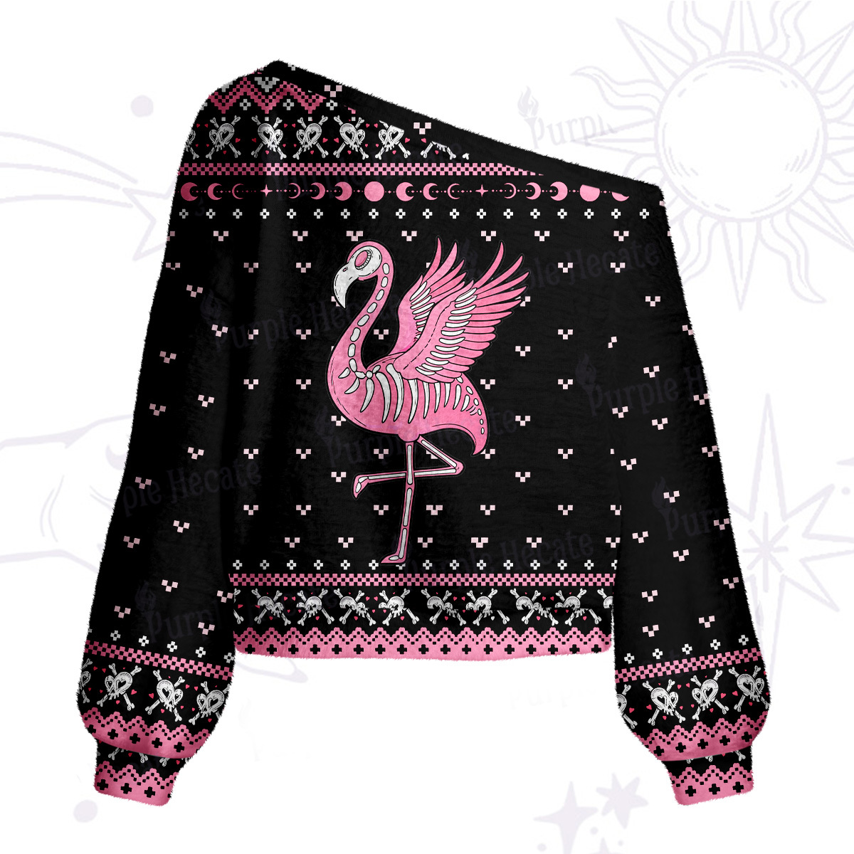 Purplehecate Witchy Pink Flamingo Skull One Shoulder Sweaters
