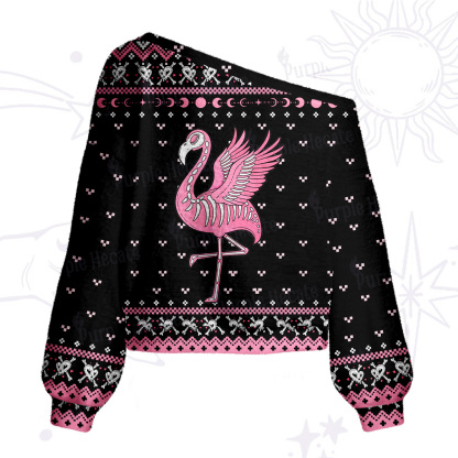 Purplehecate Witchy Pink Flamingo Skull One Shoulder Sweaters