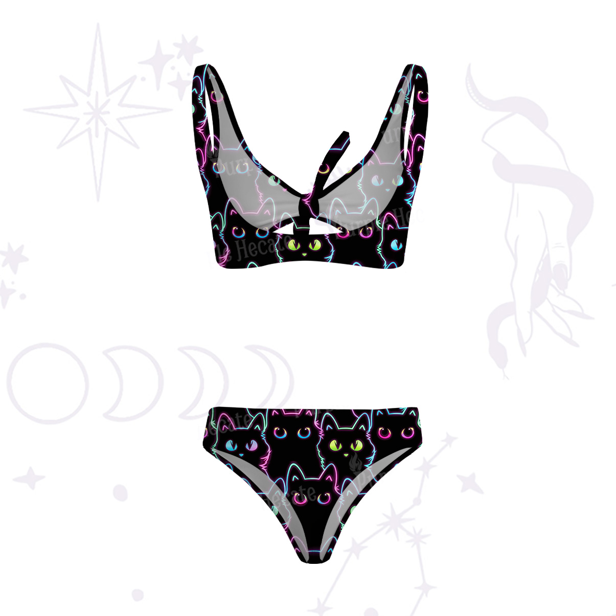Purplehecate Neon Glow Stacked Cats Versa-Tie Two-Piece Swimsuit