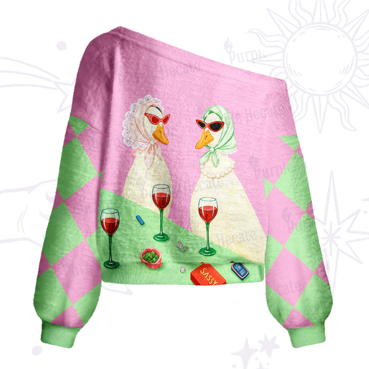 Purplehecate Tipsy Goose Wine Party One Shoulder Sweaters