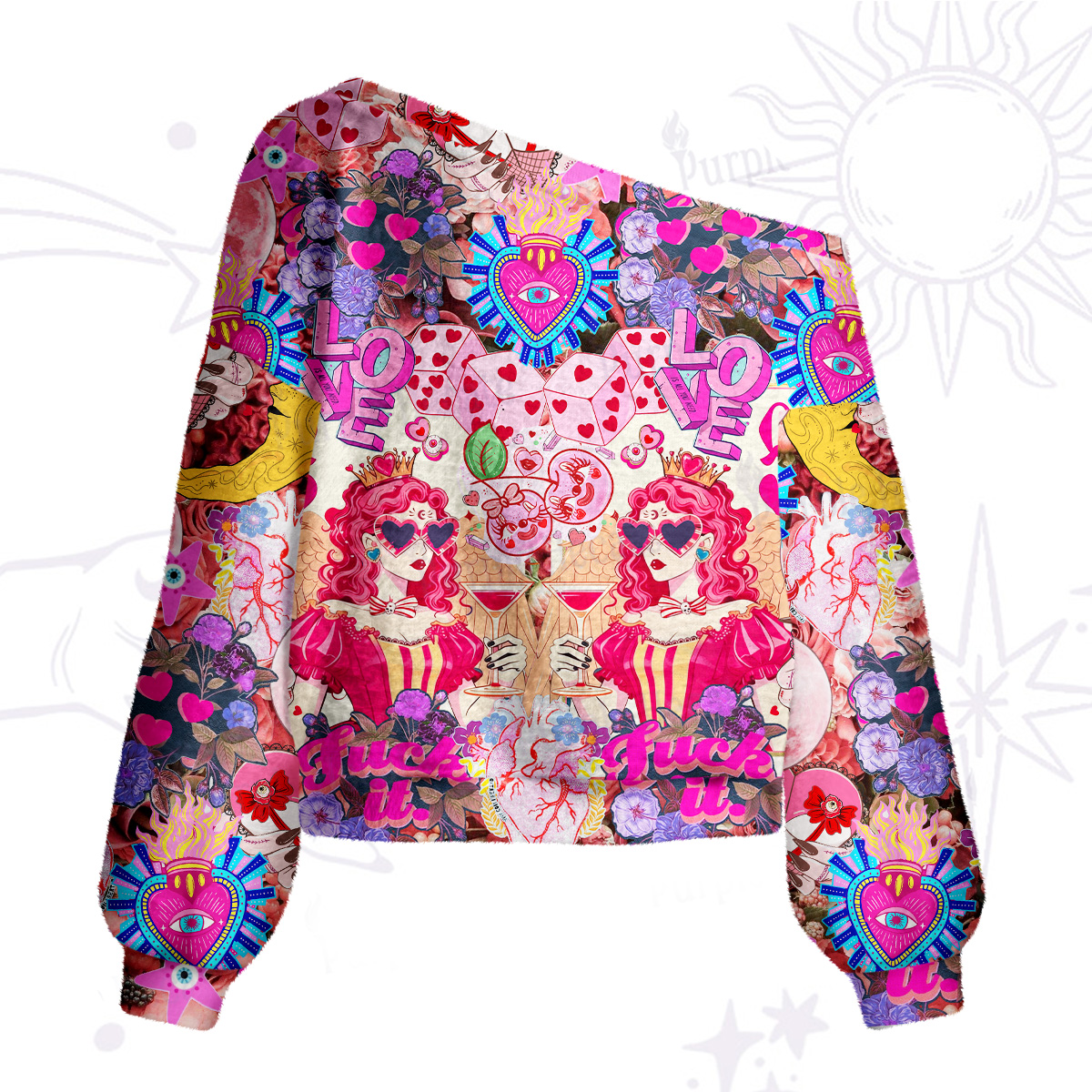 Purplehecate Queen of Hearts Angel Graphic One Shoulder Sweaters