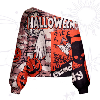 Purplehecate Pumpkin Orange Ghost One Shoulder Sweaters