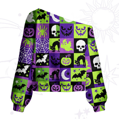 Purplehecate Spooky Patchwork Hallowee One Shoulder Sweaters