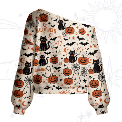 Purplehecate Halloween Ghost Black Cat One Shoulder Sweaters