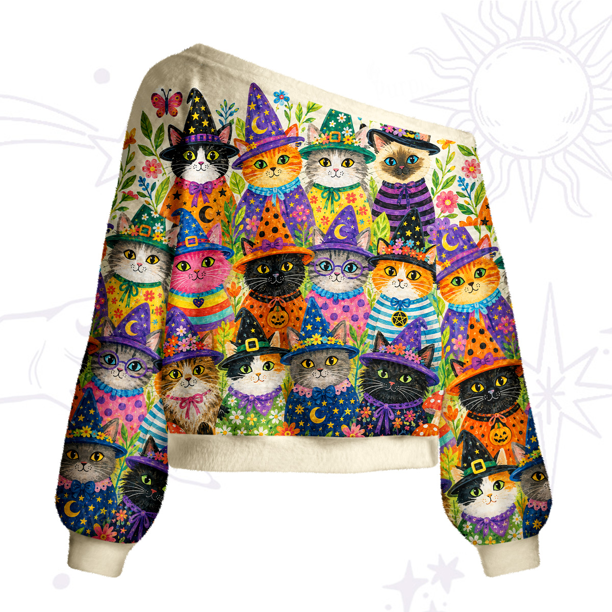 Purplehecate Witchy Meow-Meow Gathering One Shoulder Sweaters
