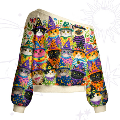 Purplehecate Witchy Meow-Meow Gathering One Shoulder Sweaters
