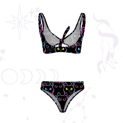 Purplehecate Neon Glow Stacked Cats Versa-Tie Two-Piece Swimsuit