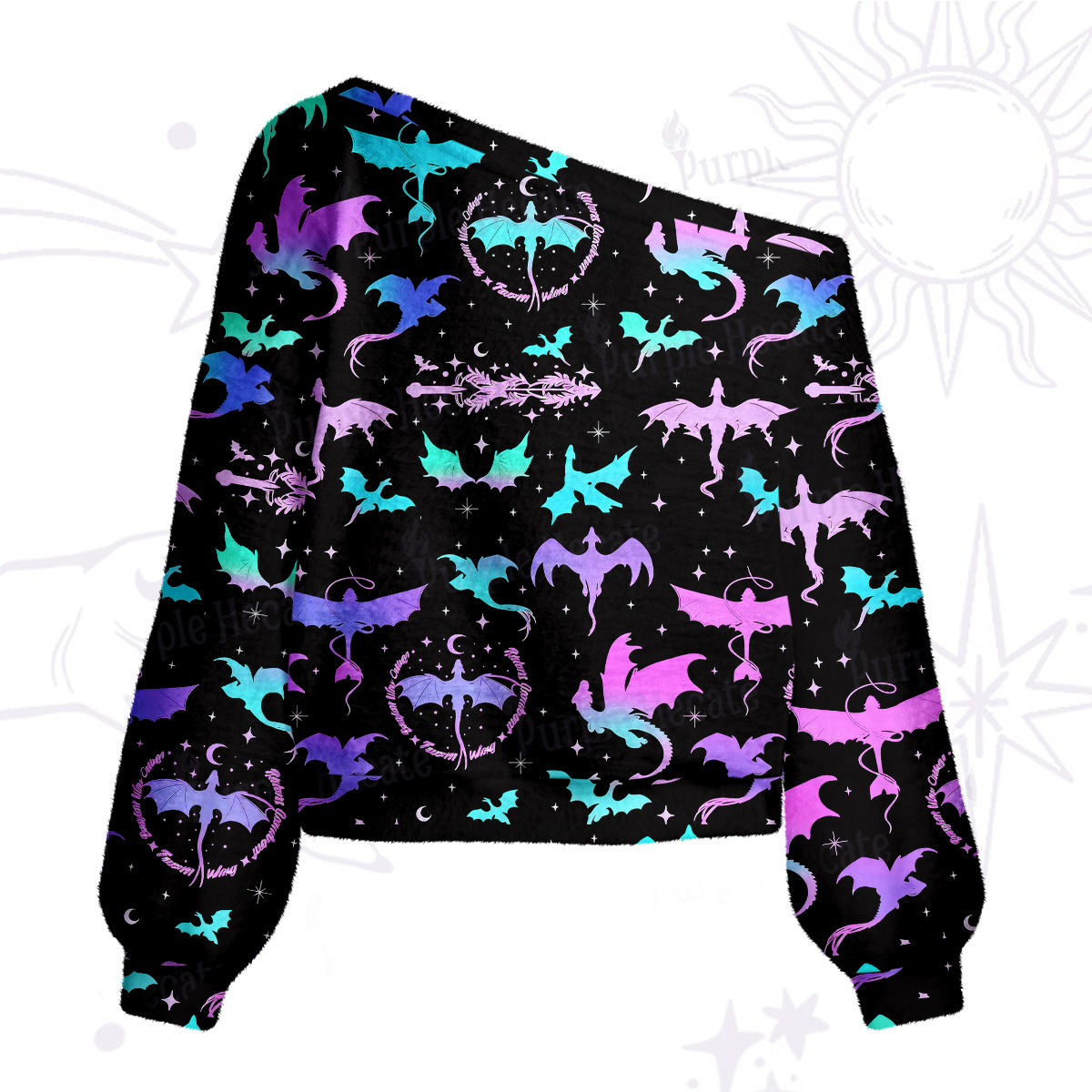 Purplehecate Neon Fantasy Dragon Allover One Shoulder Sweaters
