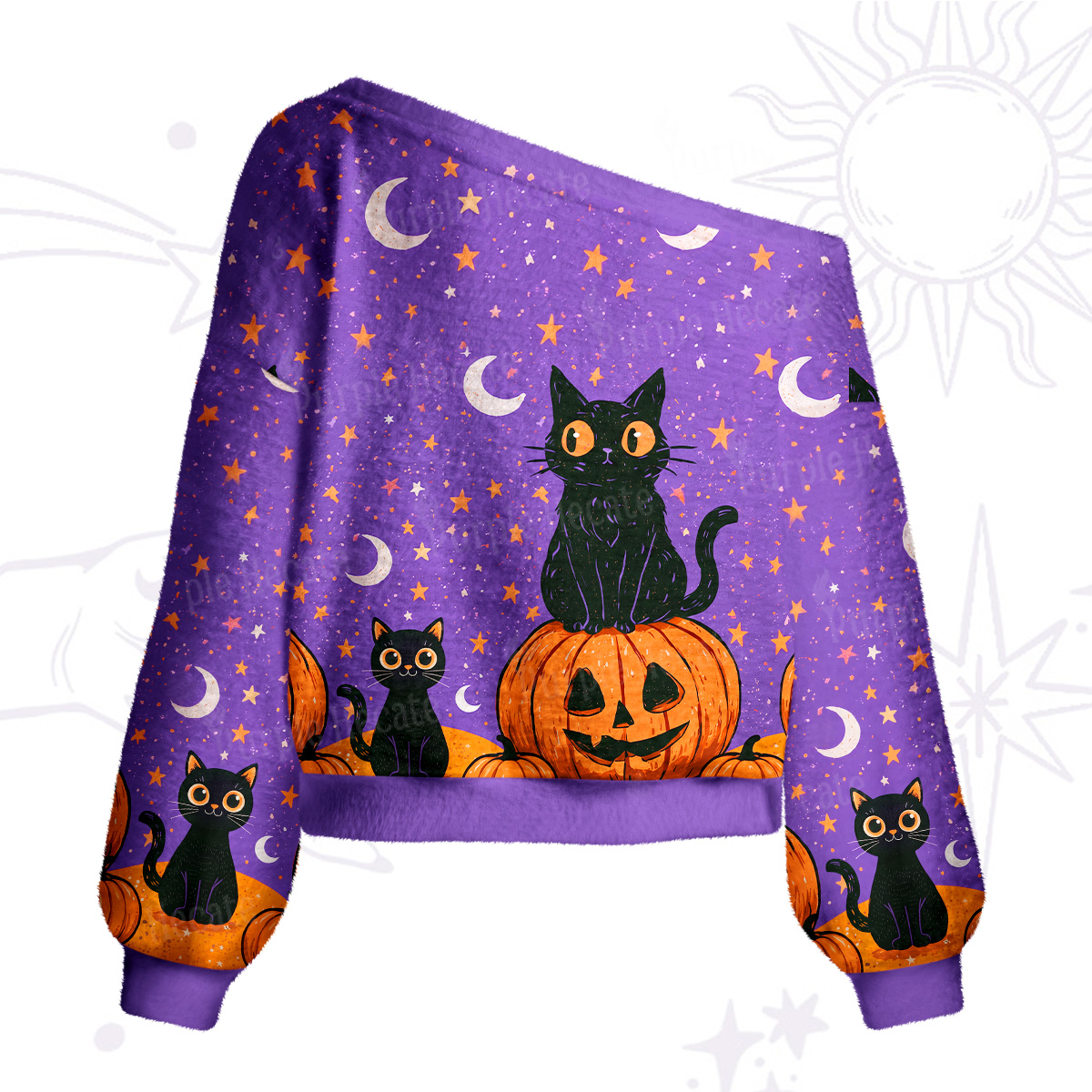 Purplehecate Halloween Black Cat Pumpkin One Shoulder Sweaters