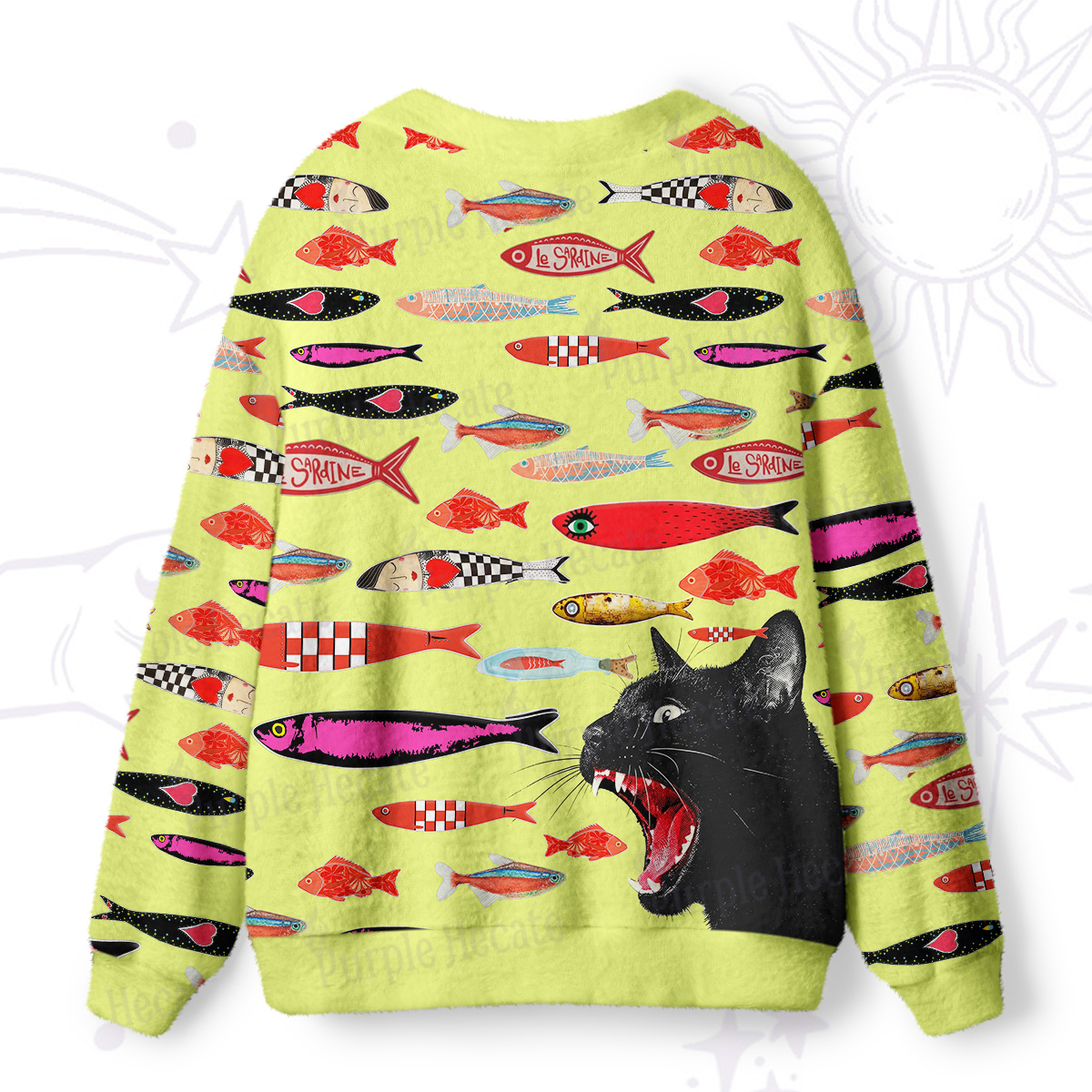 Purplehecate Mystic Black Cat Canned Fish Ugly Cardigan Sweaters