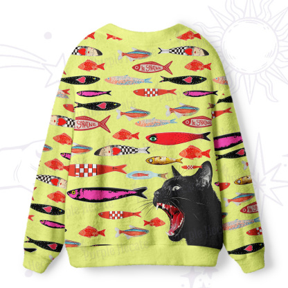 Purplehecate Mystic Black Cat Canned Fish Ugly Cardigan Sweaters