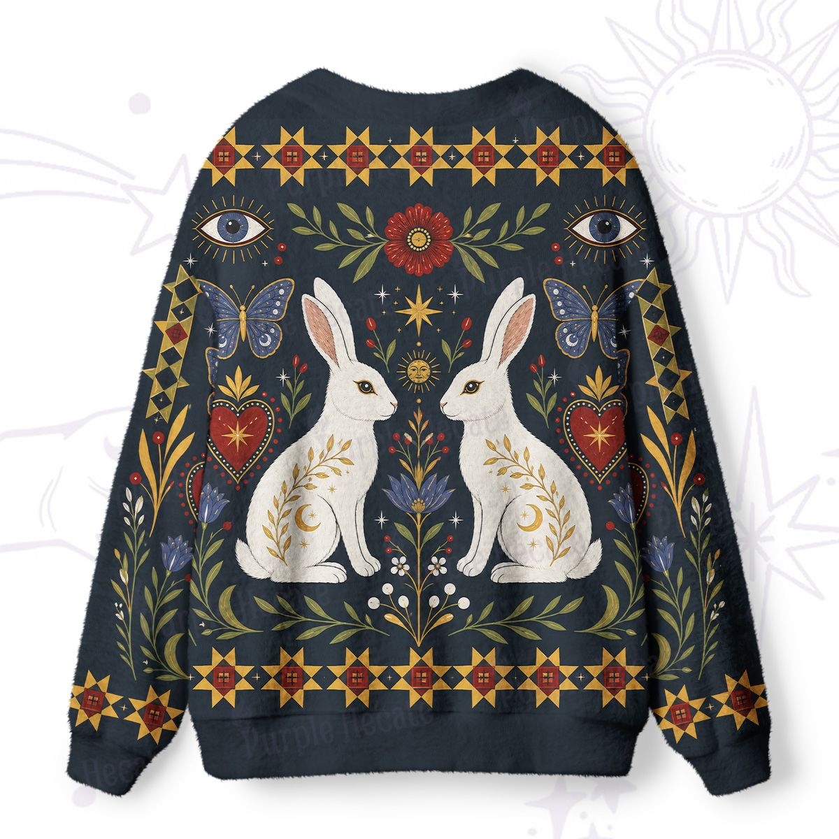 Purplehecate Folk Art Bunny Print Ugly Cardigan Sweaters
