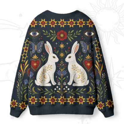 Purplehecate Folk Art Bunny Print Ugly Cardigan Sweaters