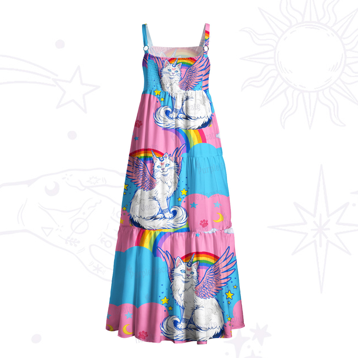 Purplehecate Fluffin Meowgical Wide Straps Maxi Dress
