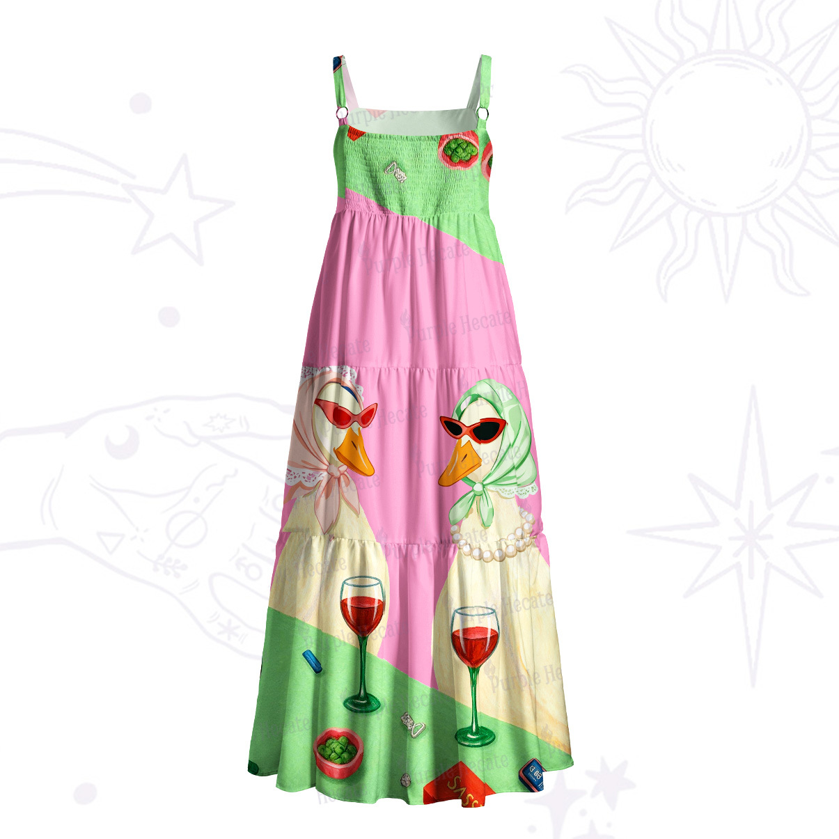 Purplehecate Tipsy Goose Wine Party Wide Straps Maxi Dress