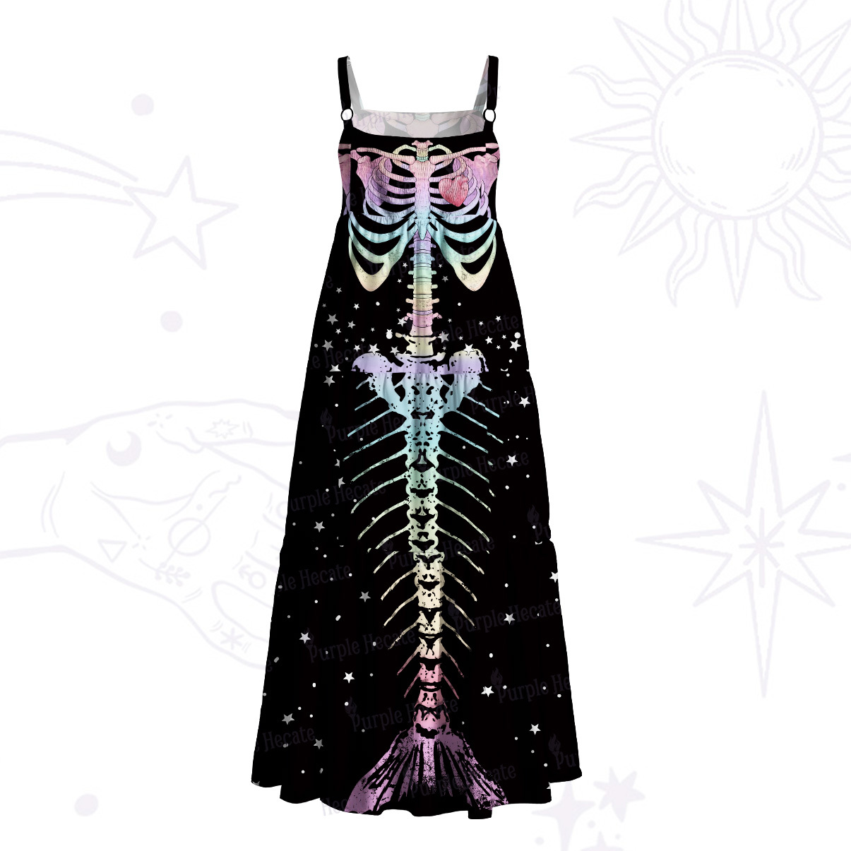 Purplehecate Spooky Skeleton Wide Straps Maxi Dress