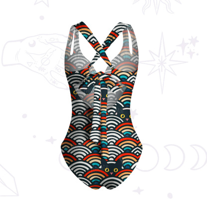 Purplehecate Rainbow Black Cat Waves One-Piece Swimsuit