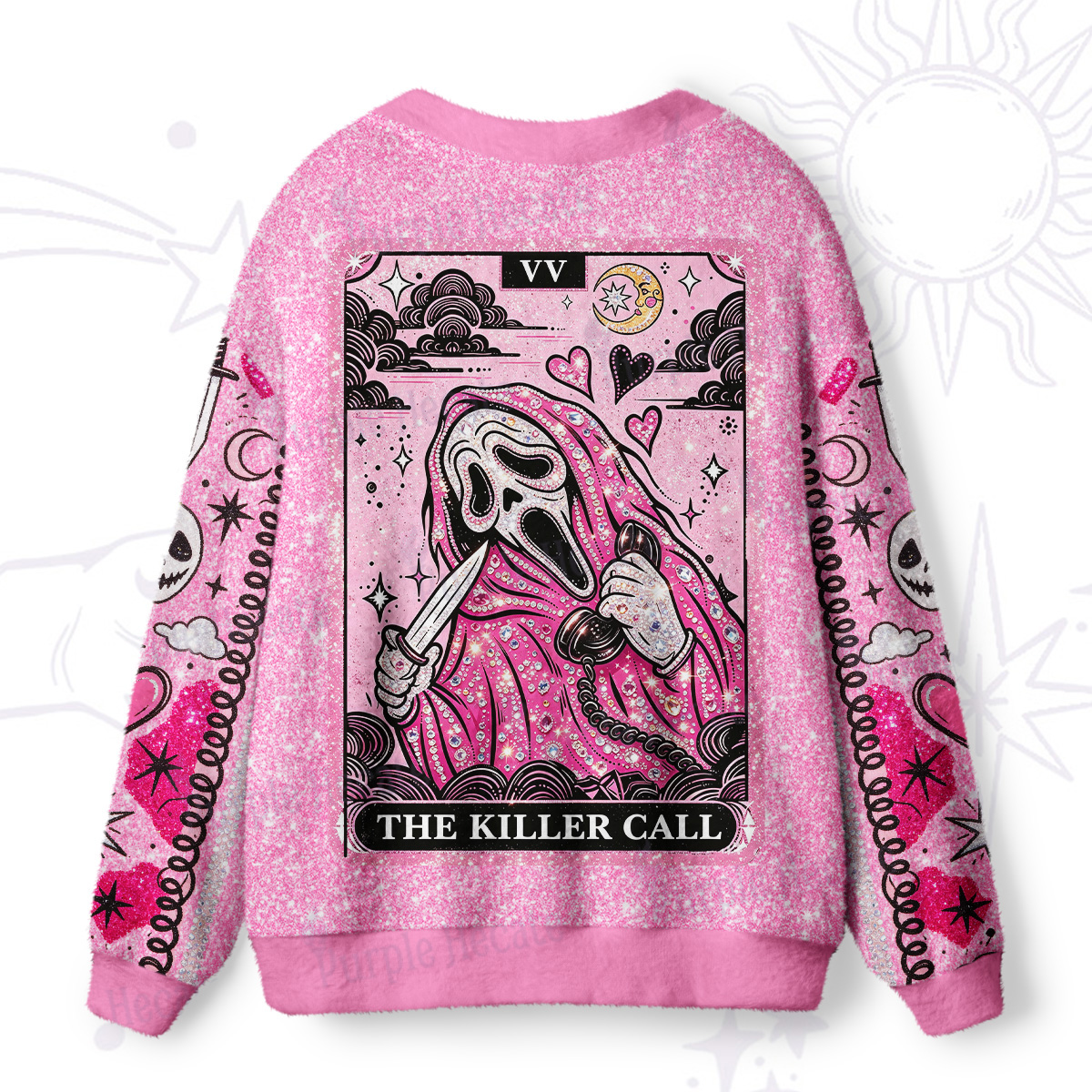 Purplehecate Pink Glitter Scream Mask Spooky Ugly Cardigan Sweaters