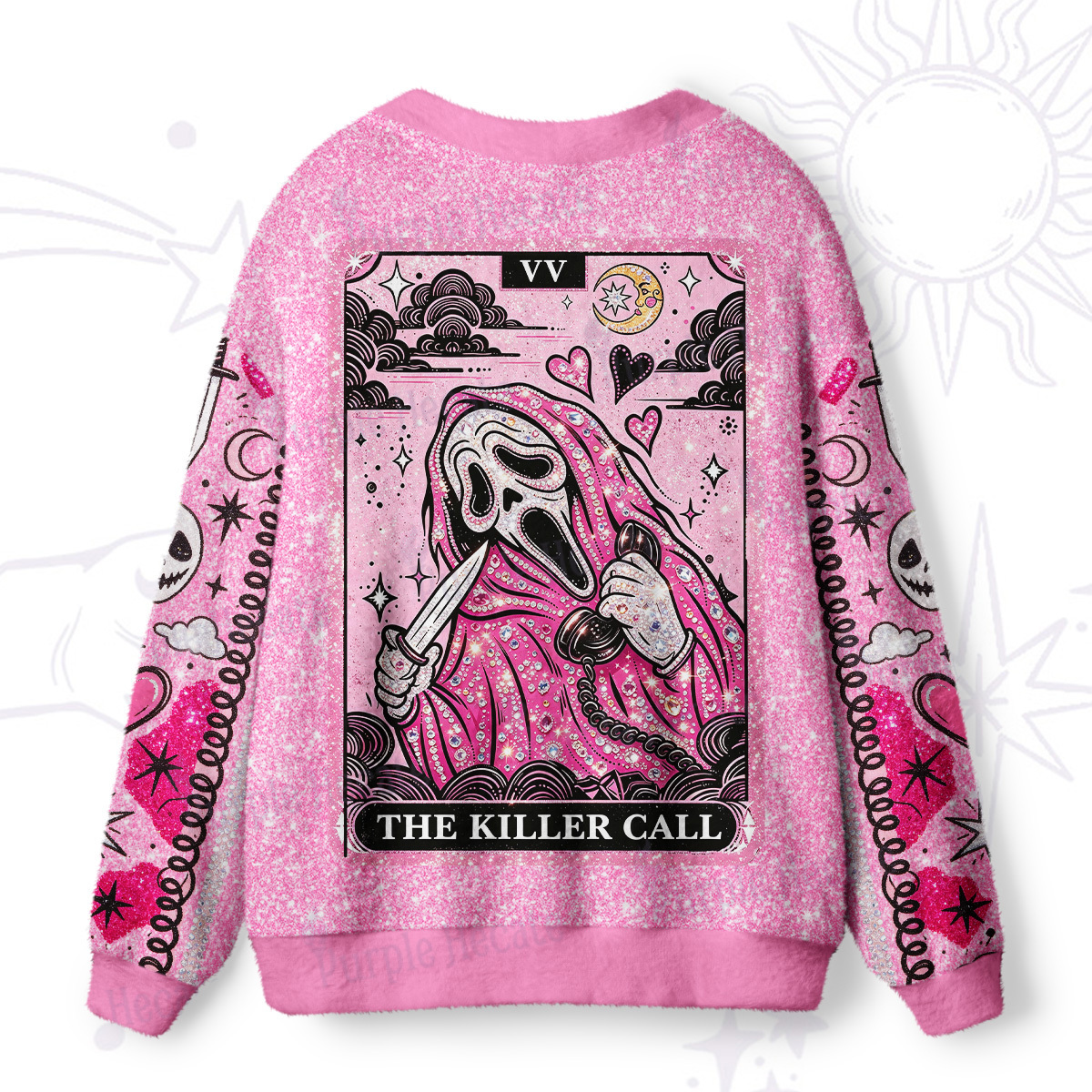 Purplehecate Pink Glitter Scream Mask Spooky Ugly Cardigan Sweaters