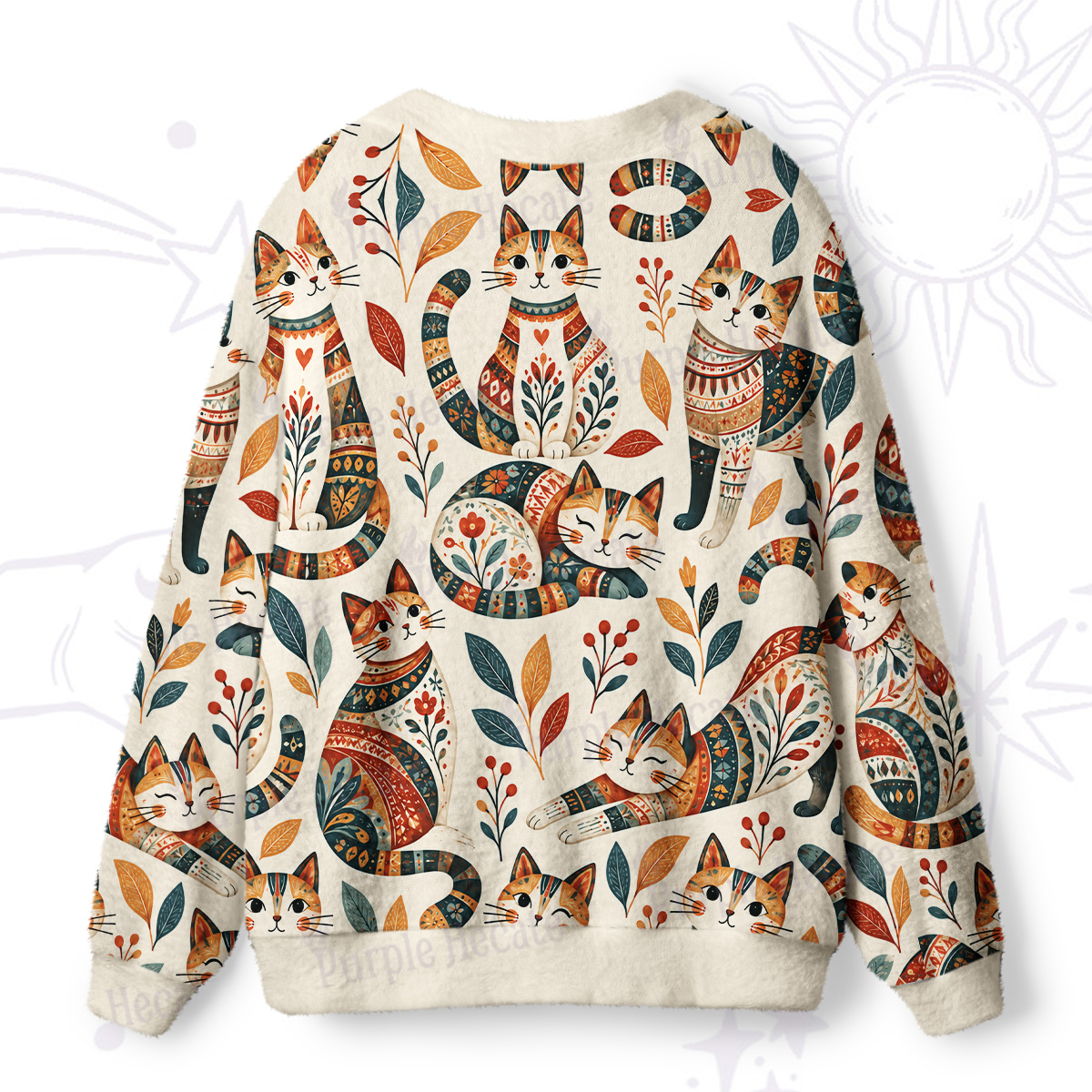 Purplehecate Playful Botanical Folk Art Cat Ugly Cardigan Sweaters