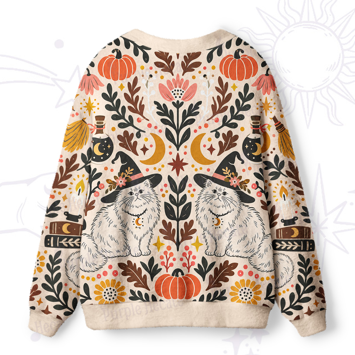 Purplehecate Harvest Ritual Cream Witch Cat Ugly Cardigan Sweaters