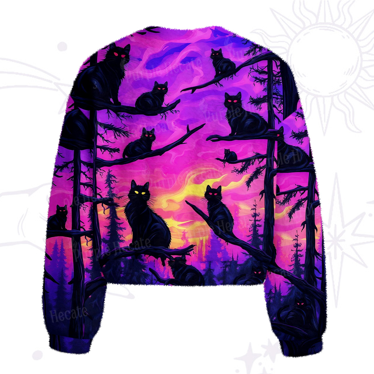 Purplehecate Twilight Forest Guardian Cat Fuzzy Crewneck Sweater