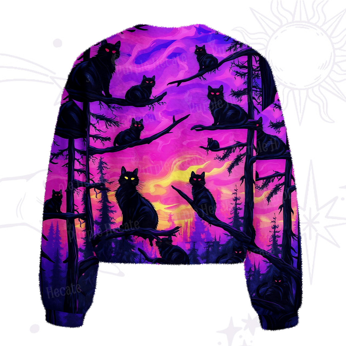 Purplehecate Twilight Forest Guardian Cat Fuzzy Crewneck Sweater