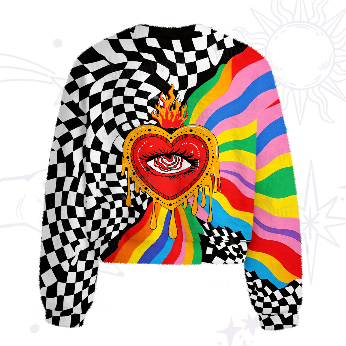 Purplehecate Trippy Rainbow Heart Eye Fuzzy Crewneck Sweater
