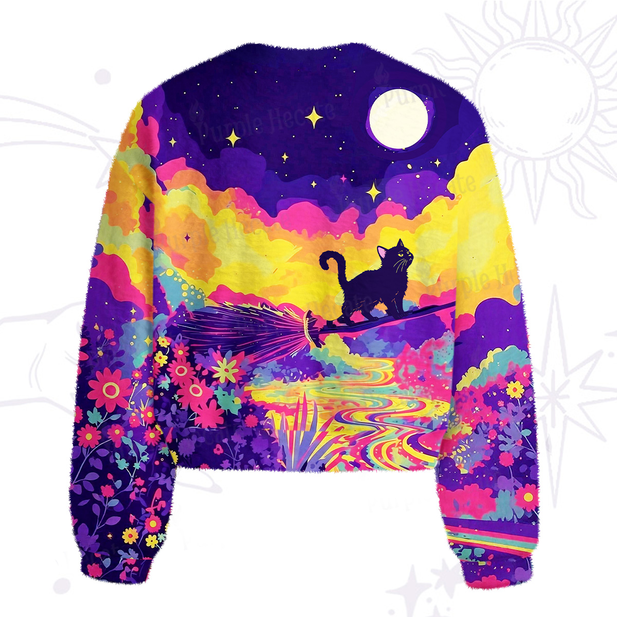 Purplehecate Midnight Cosmic Cat Fantasy Fuzzy Crewneck Sweater