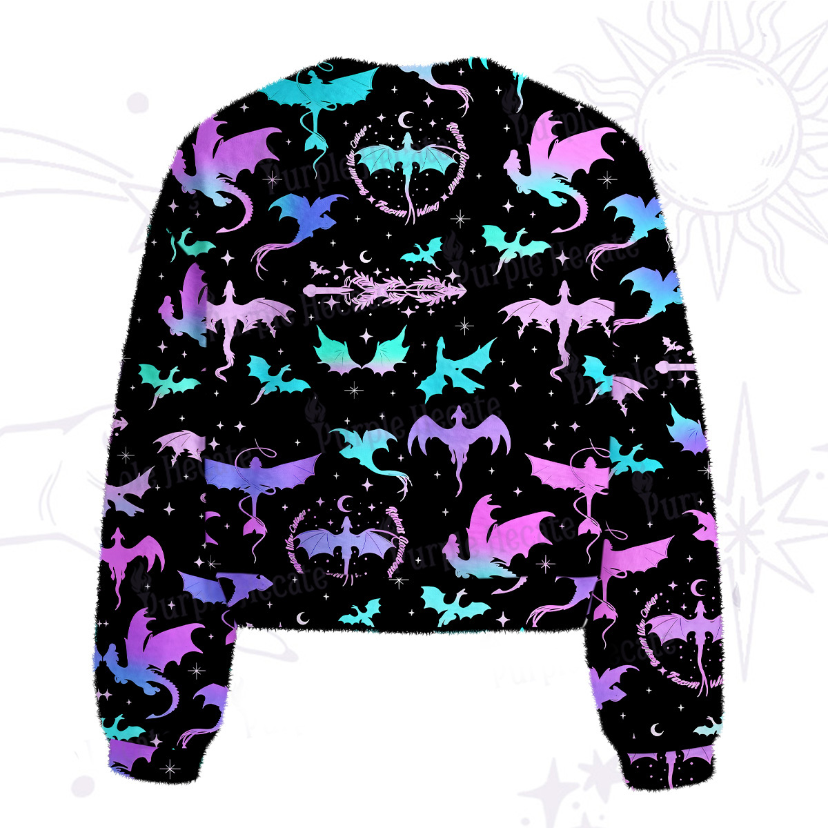 Purplehecate Neon Fantasy Dragon Allover Fuzzy Crewneck Sweater