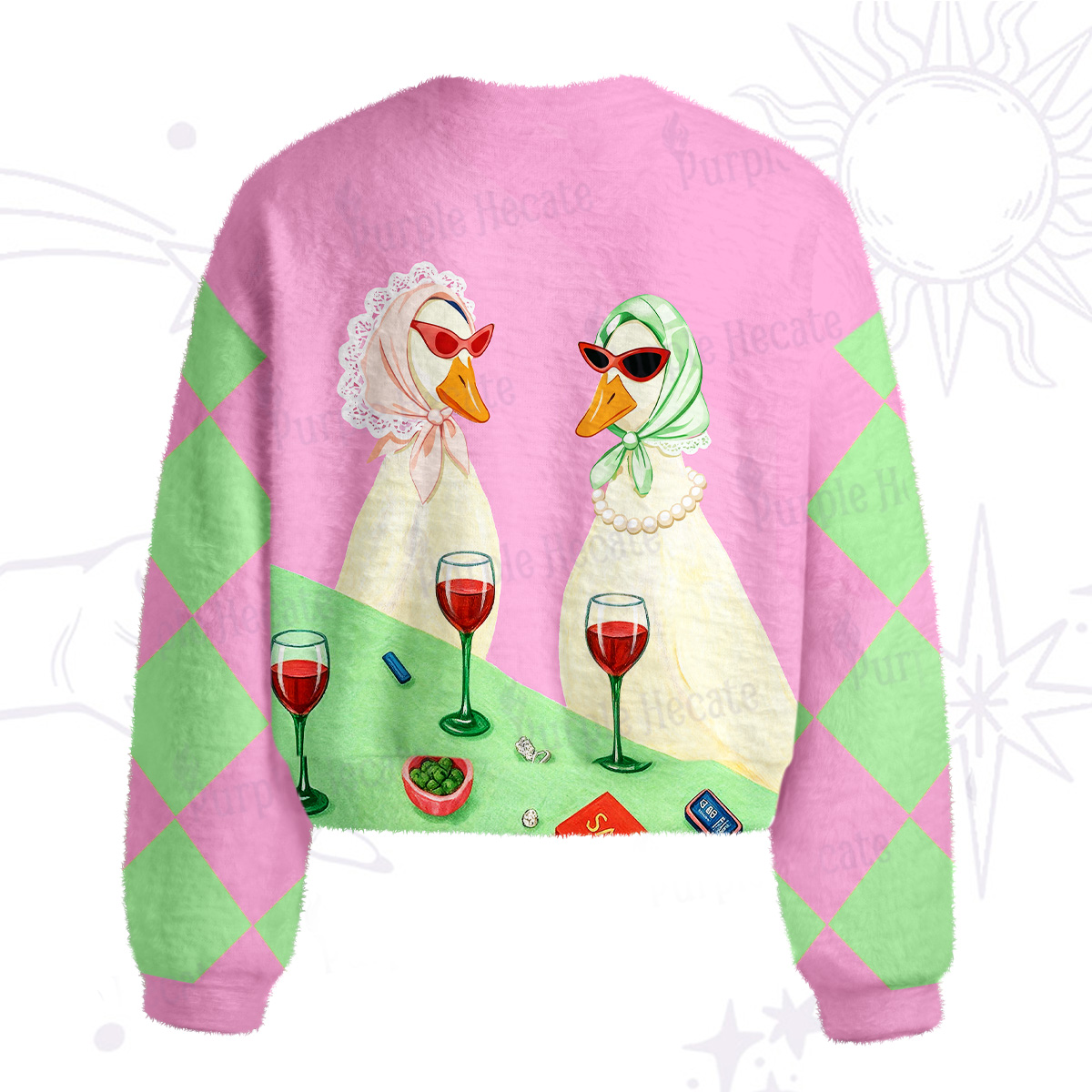 Purplehecate Tipsy Goose Wine Party Fuzzy Crewneck Sweater