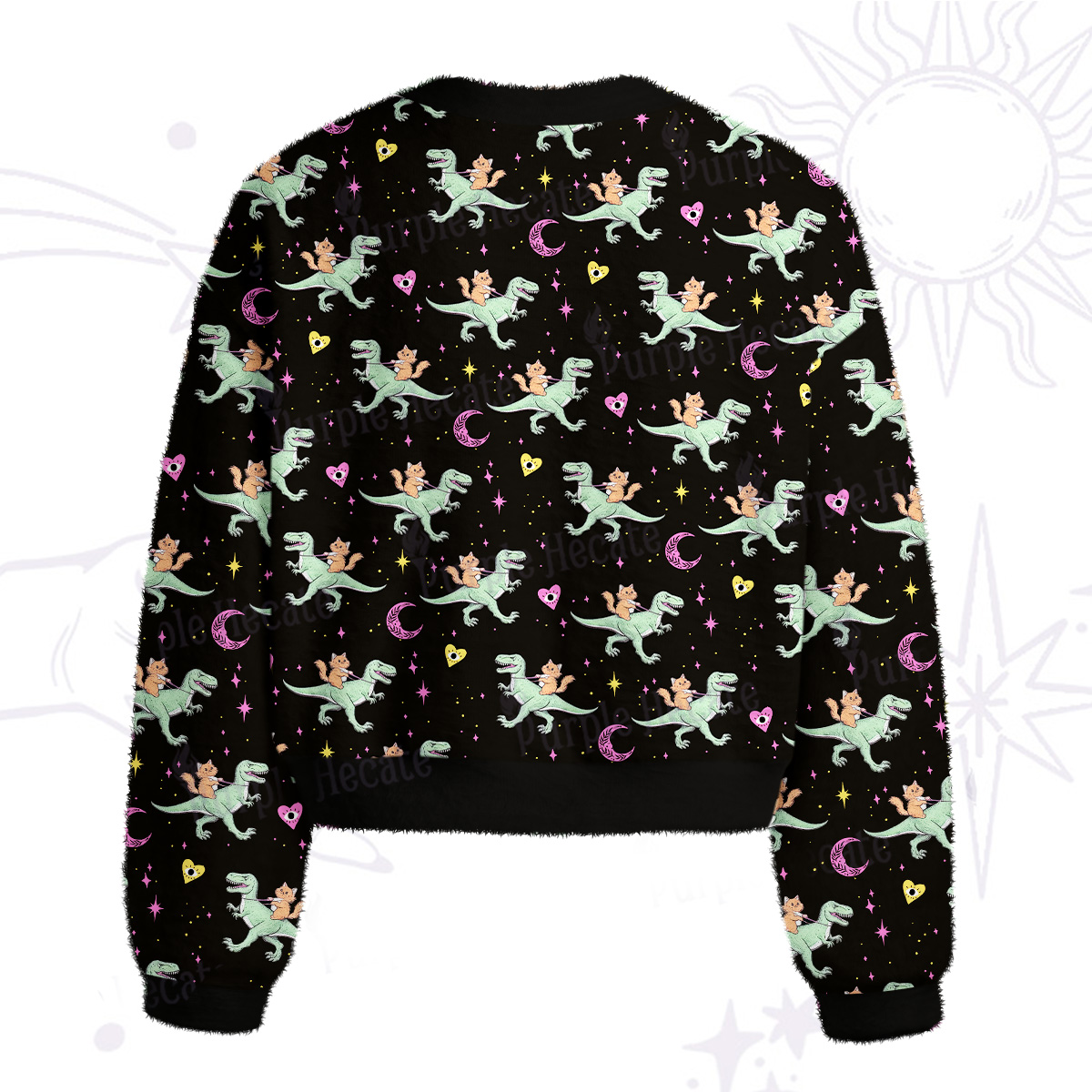 Purplehecate Witch Cat Rides the Dino Fuzzy Crewneck Sweater