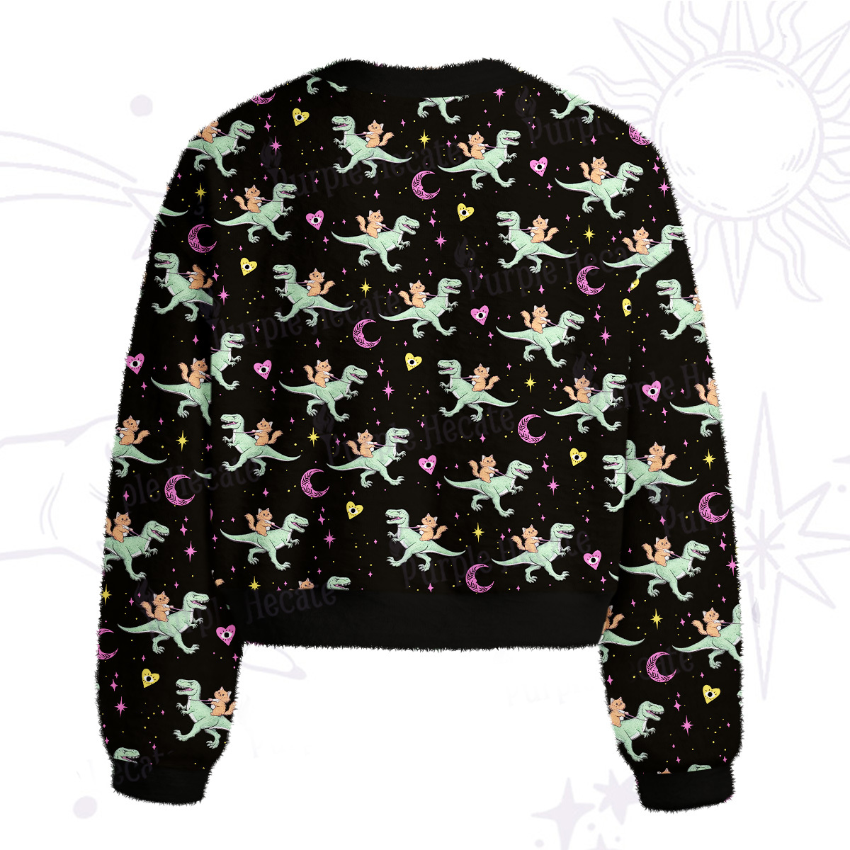 Purplehecate Witch Cat Rides the Dino Fuzzy Crewneck Sweater
