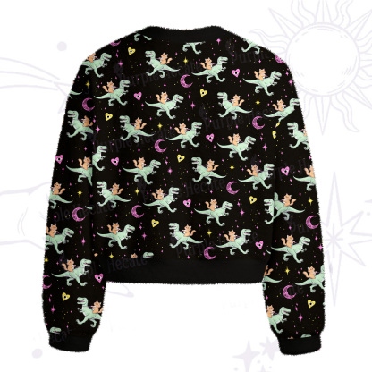 Purplehecate Witch Cat Rides the Dino Fuzzy Crewneck Sweater