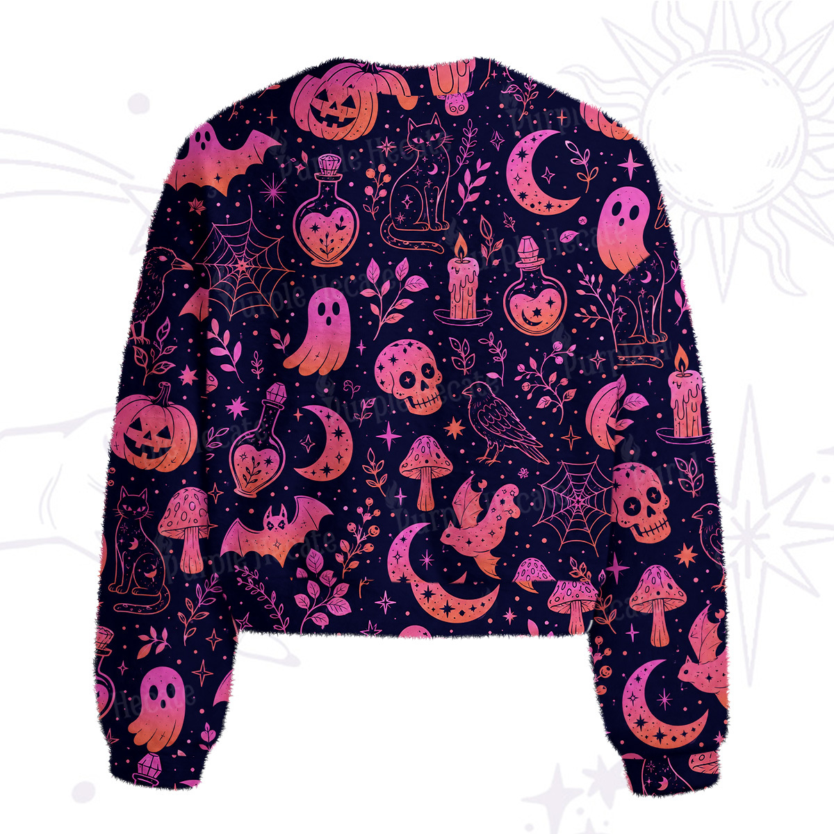 Purplehecate Spooky Night Doodles Halloween Fuzzy Crewneck Sweater
