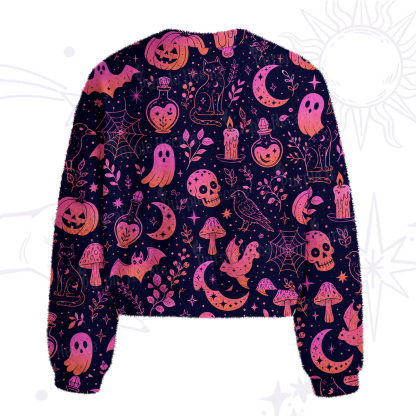 Purplehecate Spooky Night Doodles Halloween Fuzzy Crewneck Sweater
