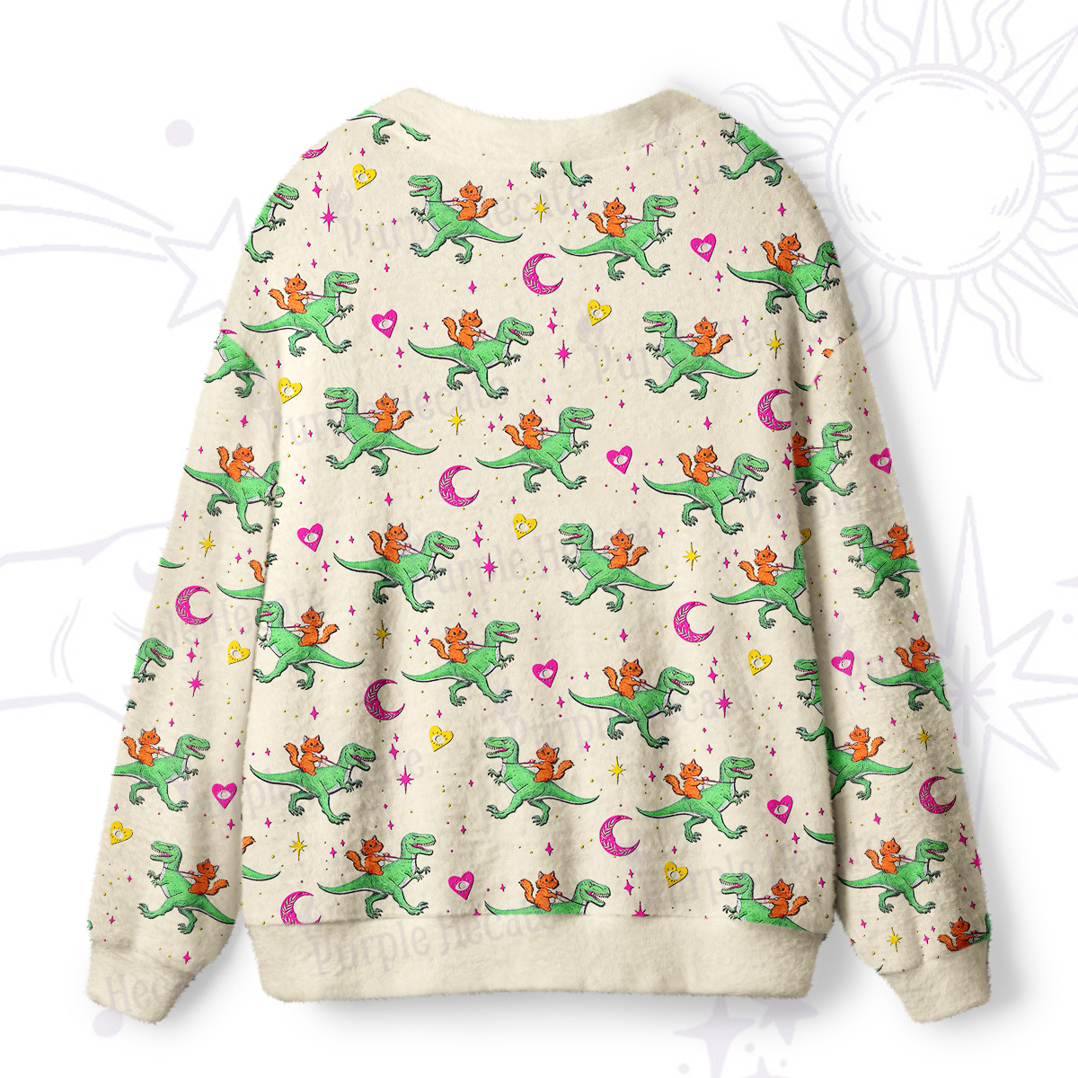 Purplehecate Witch Cat Rides the Dino Ugly Cardigan Sweaters