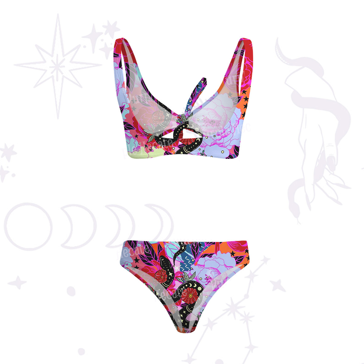 Purplehecate Enchanted Black Serpent & Floral Pattern Versa-Tie Two-Piece Swimsuit