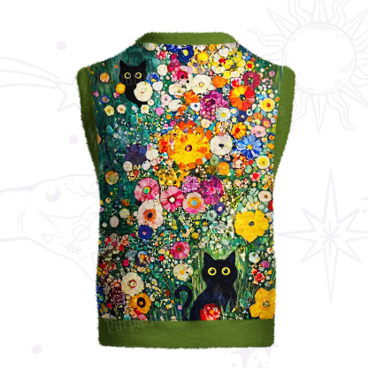 Purplehecate Fluffy Black Cat in Colorful Flower Field Ugly Sweater Vest