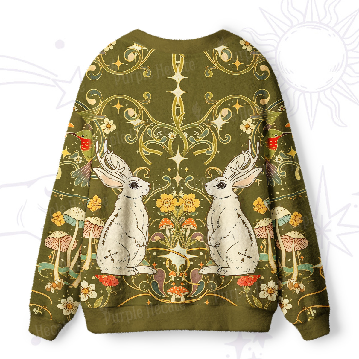 Purplehecate Antlered White Rabbit Secret Forest Ugly Cardigan Sweaters