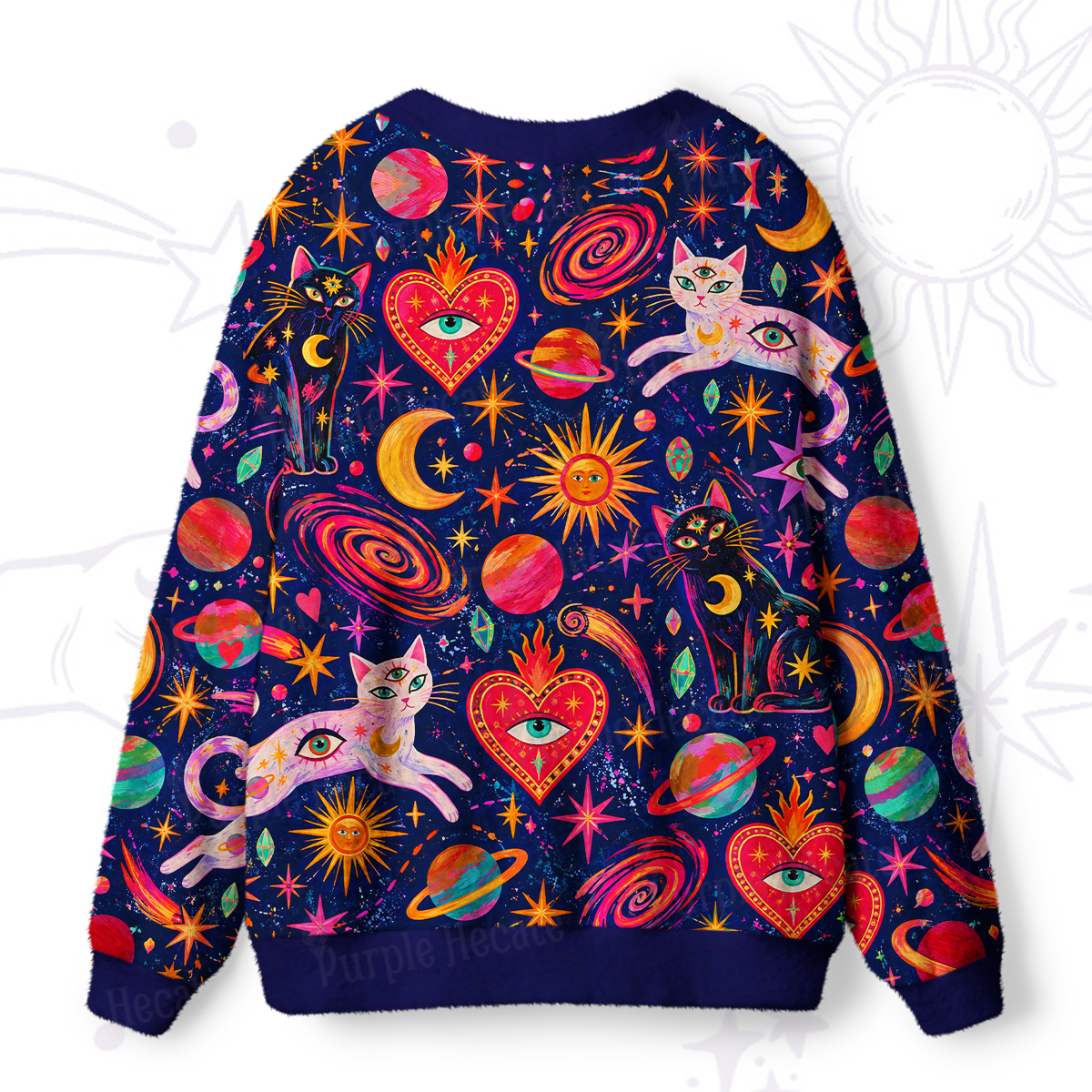 Purplehecate Psychedelic Galaxy Moon Cats in Space Ugly Cardigan Sweaters