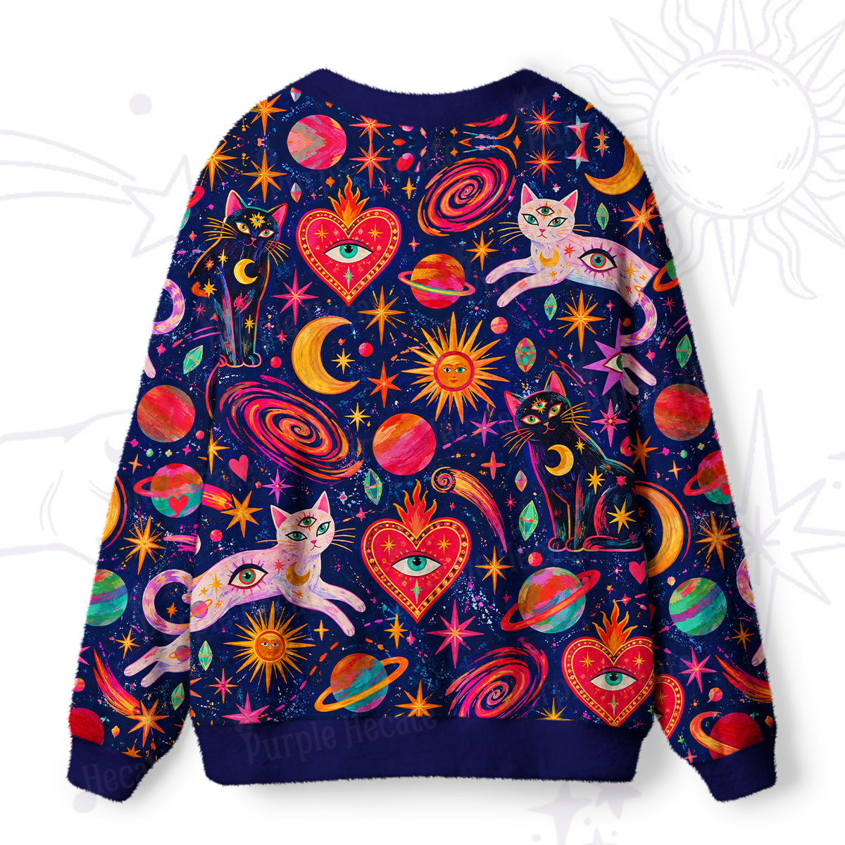 Purplehecate Psychedelic Galaxy Moon Cats in Space Ugly Cardigan Sweaters