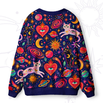 Purplehecate Psychedelic Galaxy Moon Cats in Space Ugly Cardigan Sweaters