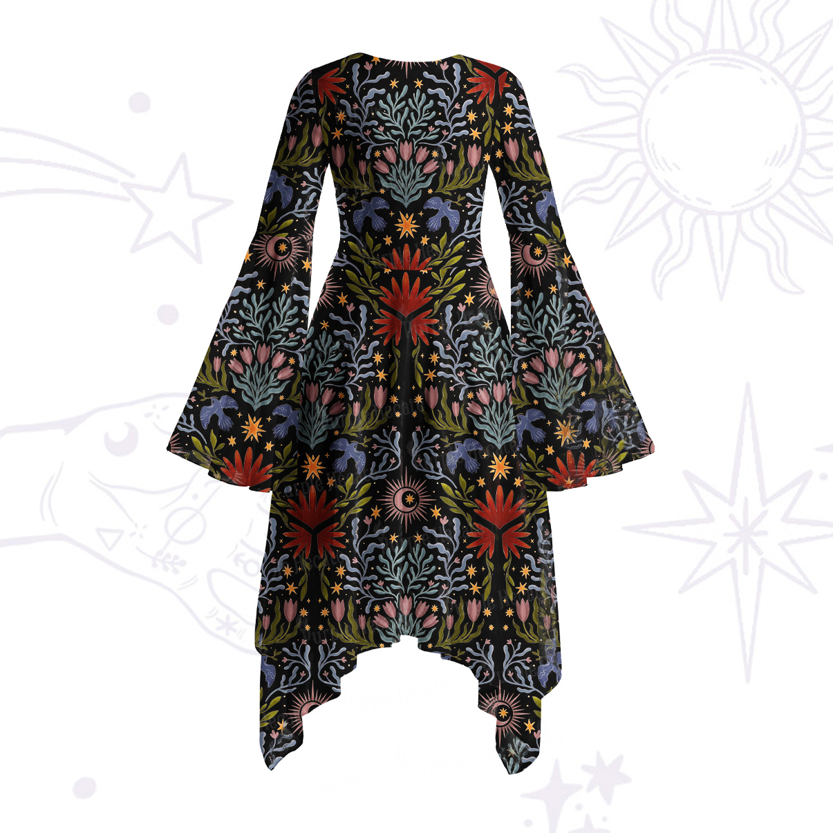 Purplehecate Sacred Flame Heart Bell Sleeve Dress