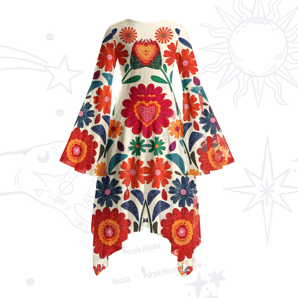 Purplehecate Retro Bloom Folk Floral Bell Sleeve Dress
